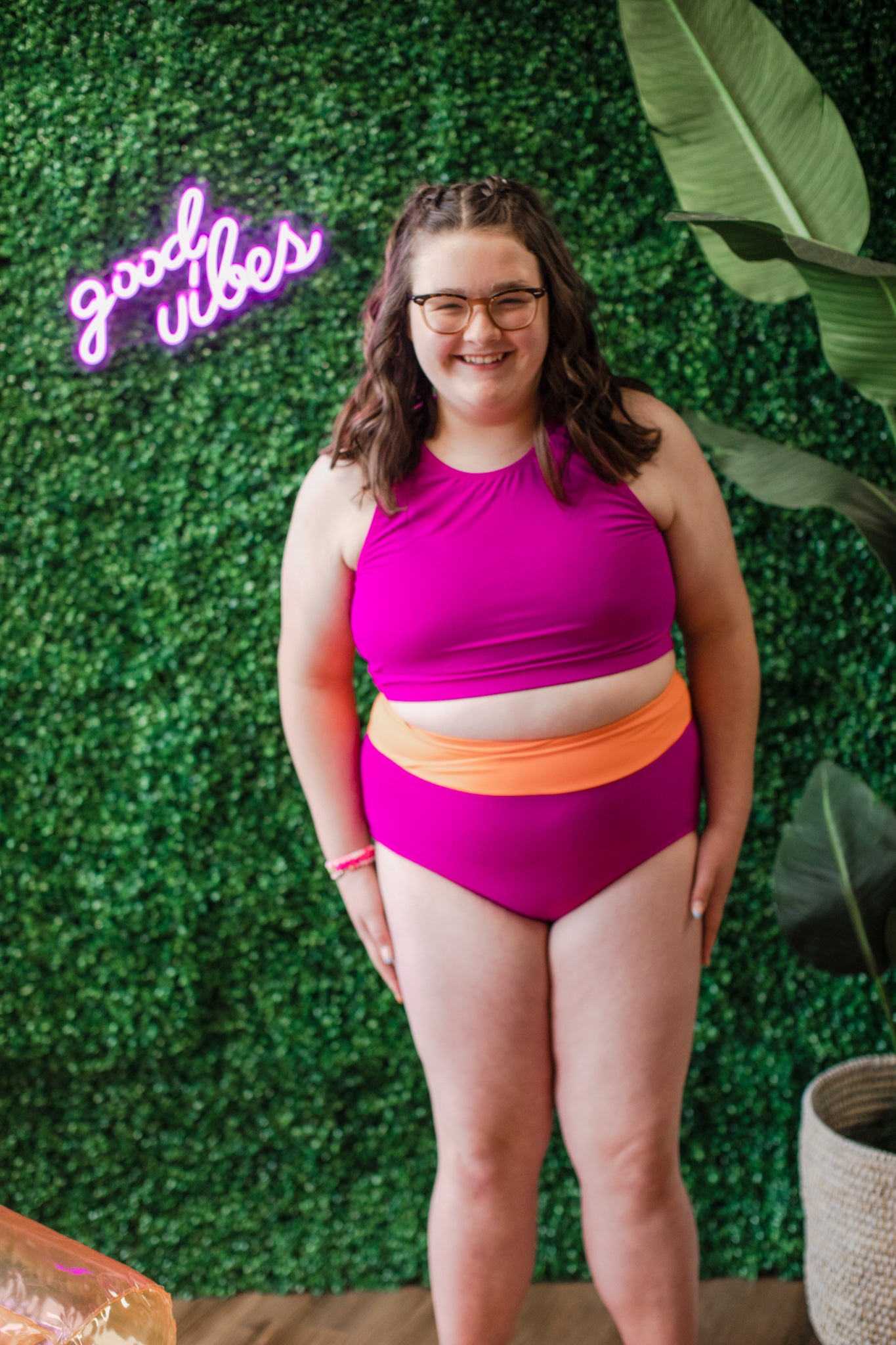 SwimHer Extended Sizing Basic Swim Top in Magenta and High Rise Crossover Swim Bottoms in Magenta/Orange