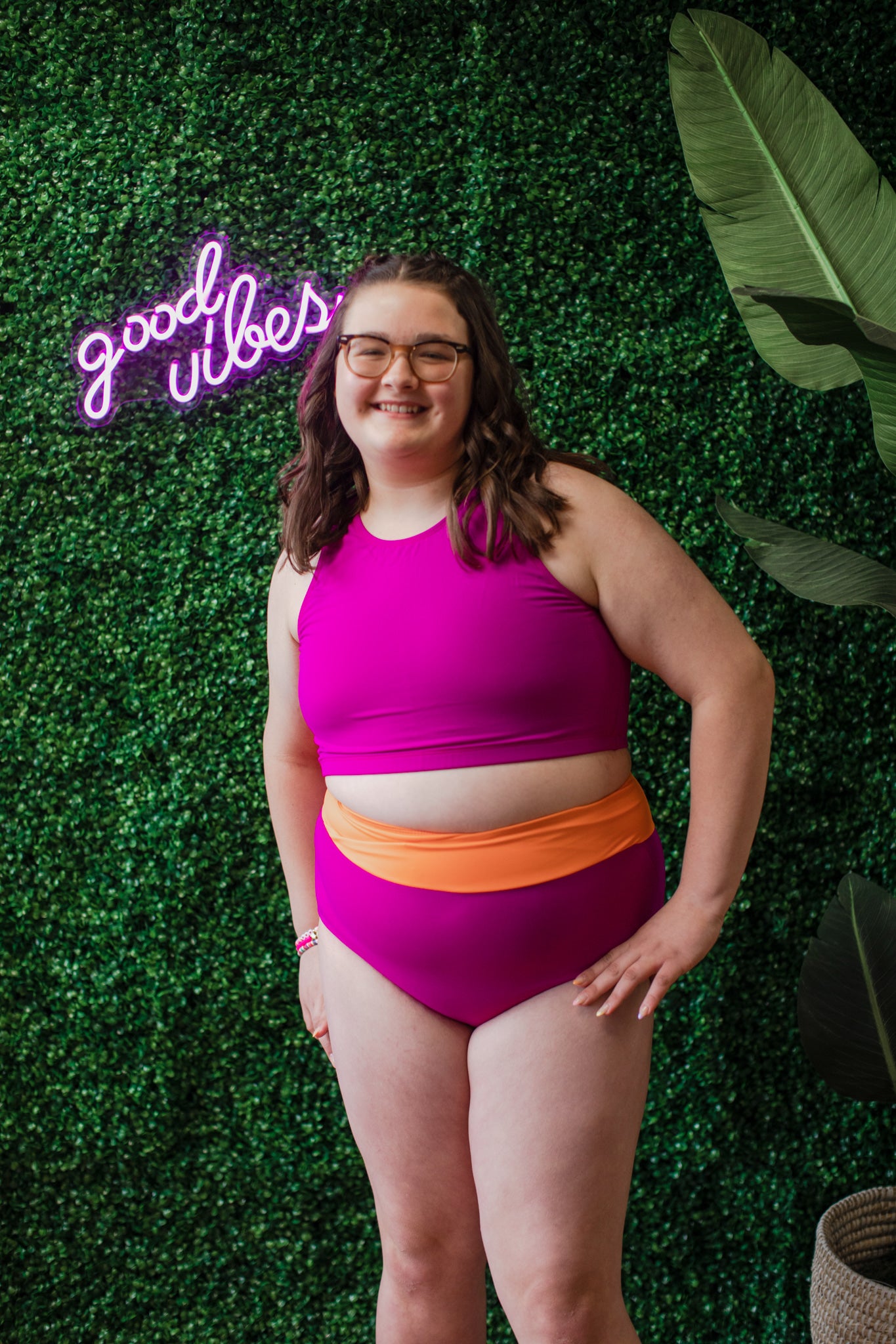 SwimHer Extended Sizing Basic Swim Top in Magenta and Crossover Swim Bottoms in Magenta/Orange