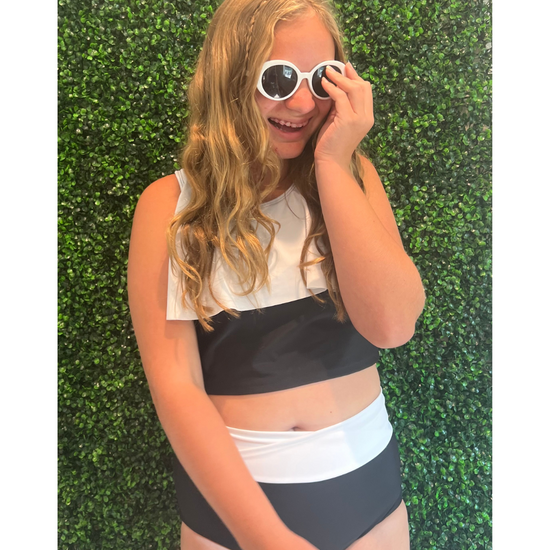 SwimHer Extended Sizing Tankini Swim Top in Black/White and Crossover High Rise Swim Bottoms in Black/White